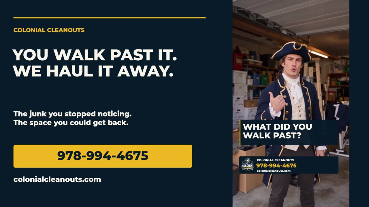 Colonial Cleanouts campaign ad featuring a colonial spokesperson in a cluttered garage
